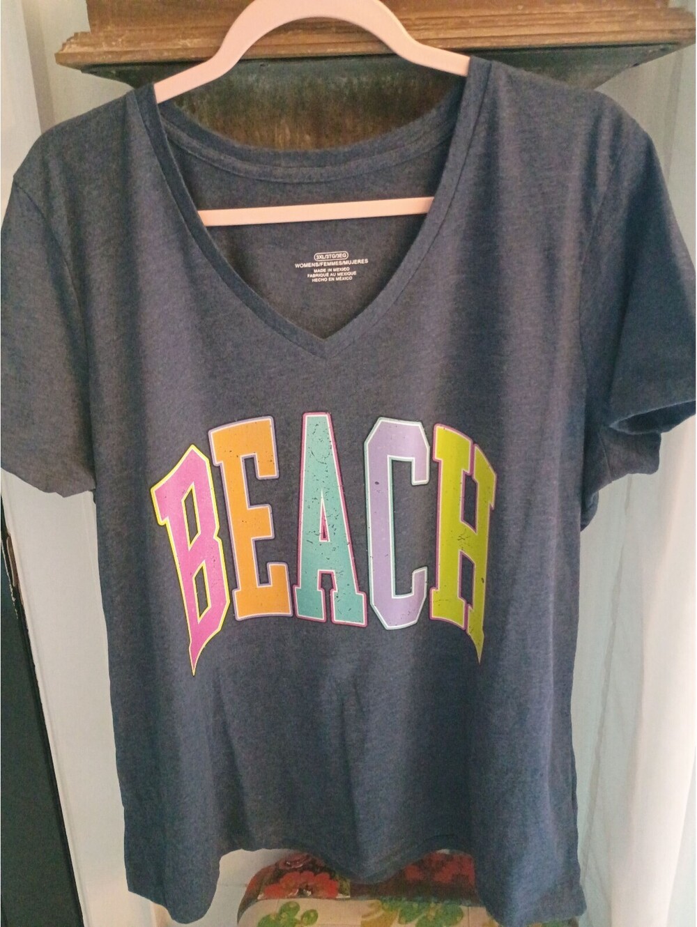 Women's Plus Size 3XL Navy Blue V-Neck T-Shirt with Colorful BEACH Print